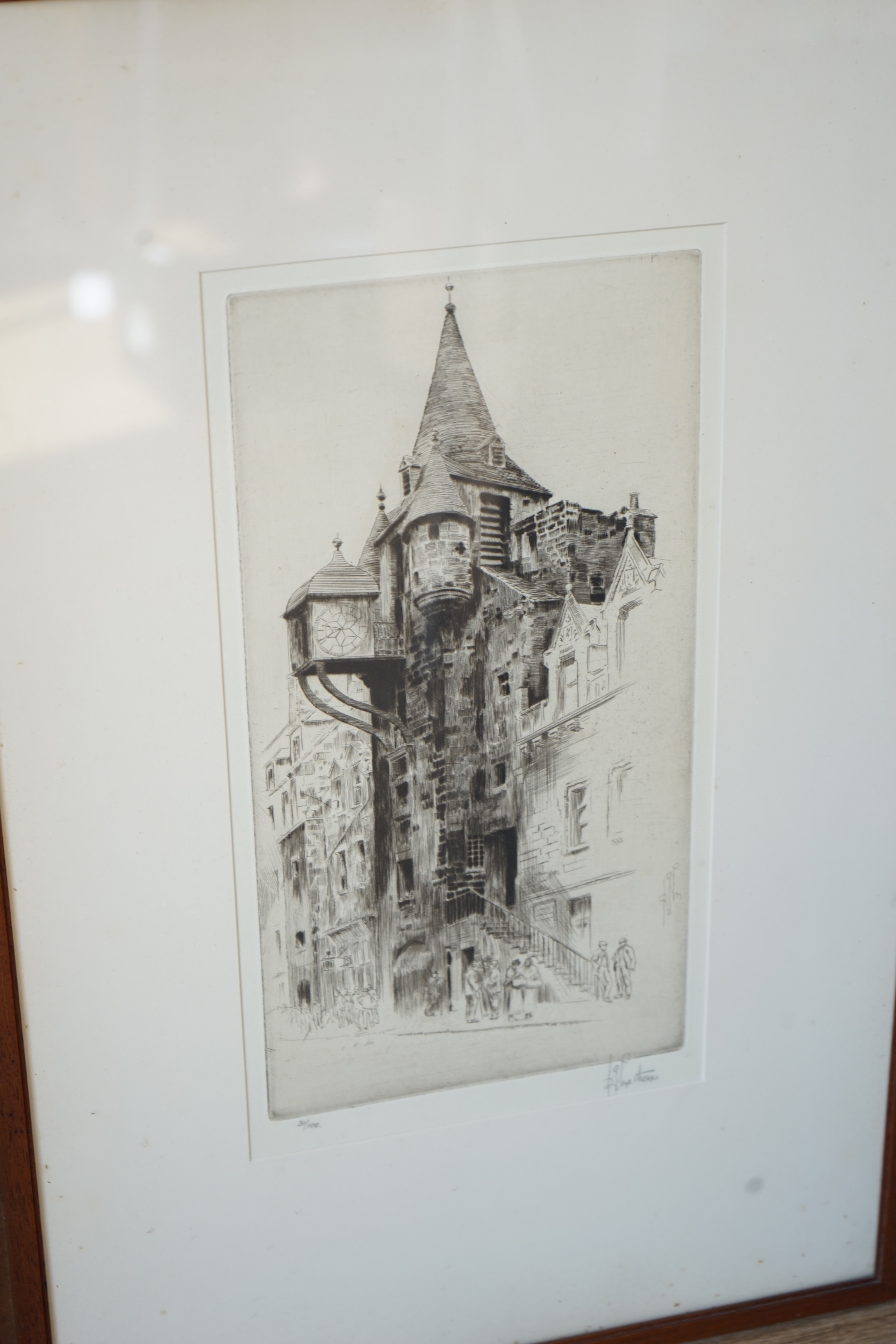 A collection of seven dry point etchings, by artists including, Mortimer Luddington Menpes, Johnson Baird, Albany Howard, Louis Whirter, each signed in pencil, 37 x 25.5cm. Condition - fair